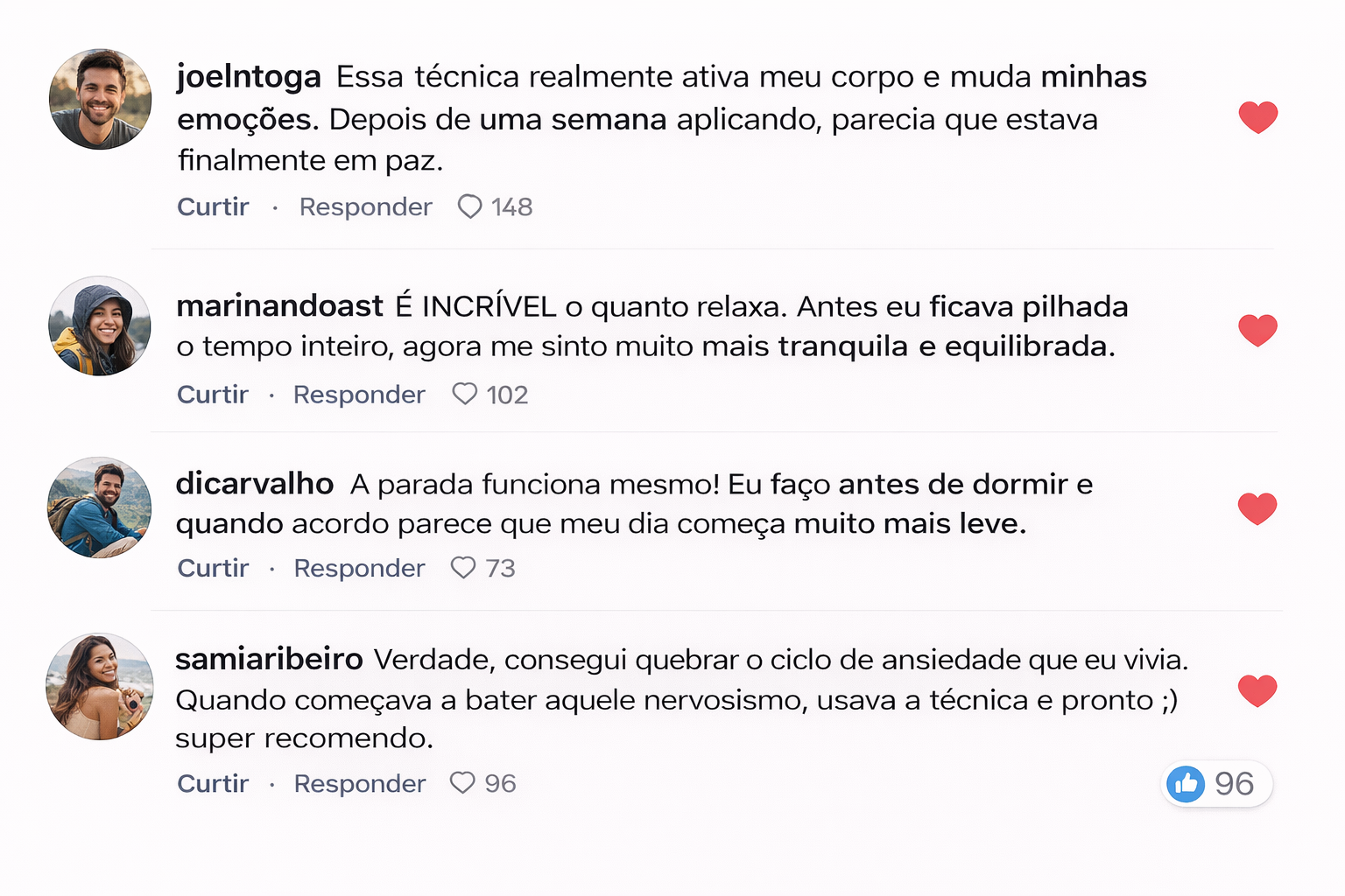 Depoimentos em formato de comentários relatando paz, relaxamento, leveza e quebra do ciclo de ansiedade