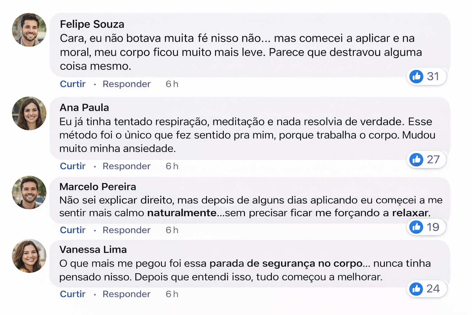 Depoimentos de pessoas relatando mais calma, leveza e redução da ansiedade após aplicar o método
