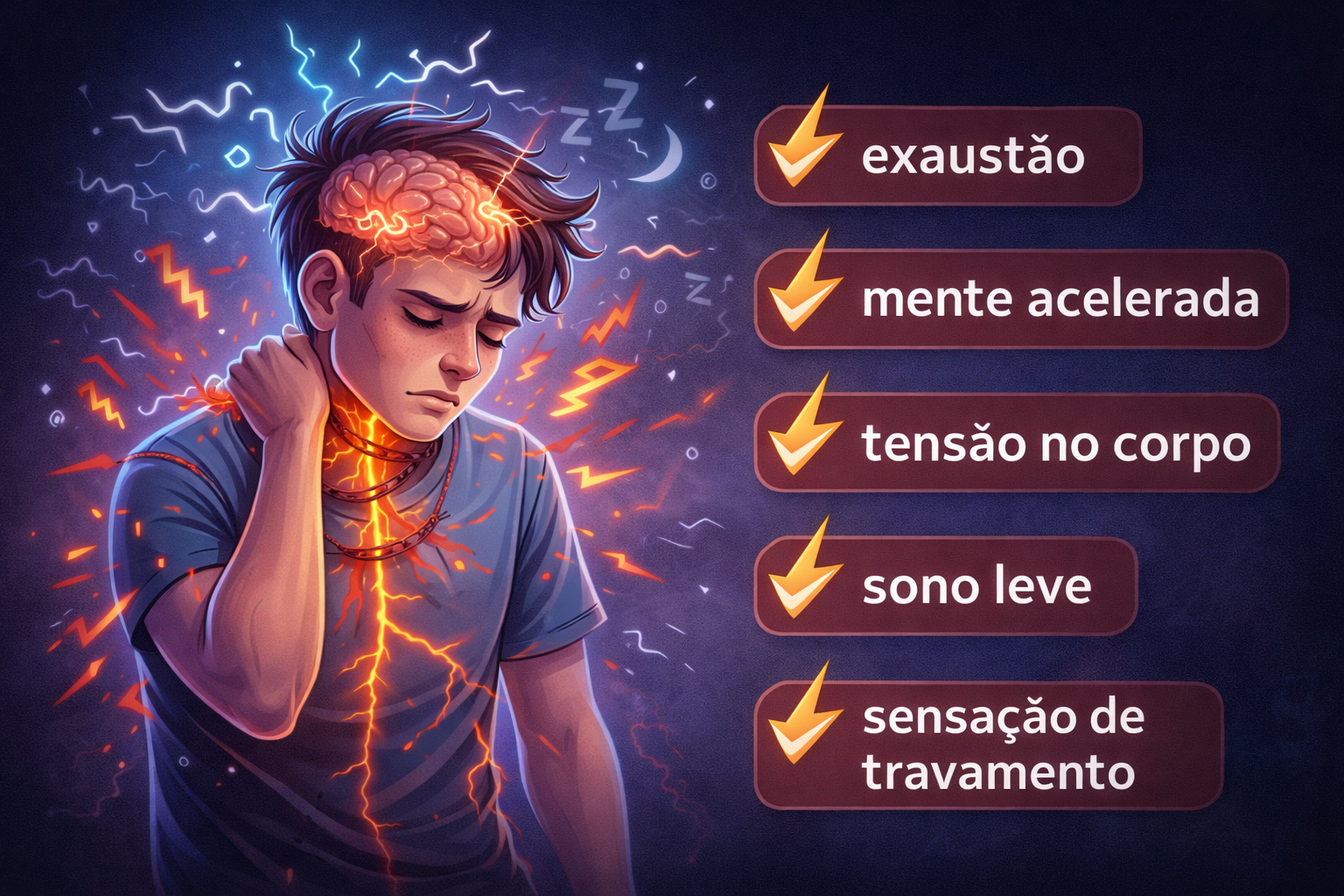 Sintomas associados ao nervo vago travado: exaustão, mente acelerada, tensão no corpo, sono leve e sensação de travamento